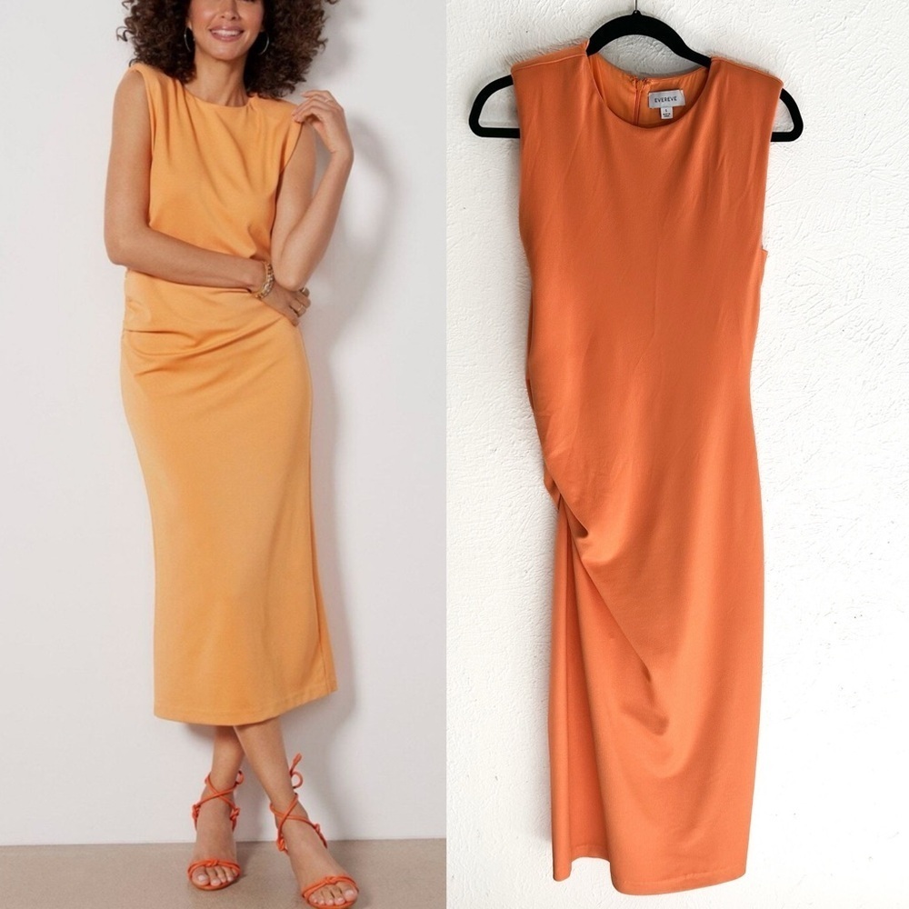 Evereve Zoe Strong Shoulder Orange Stretch Midi Dress  Sz Small
